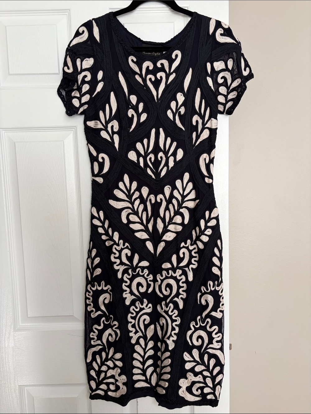 Black and Cream Embroidered Midi Dress